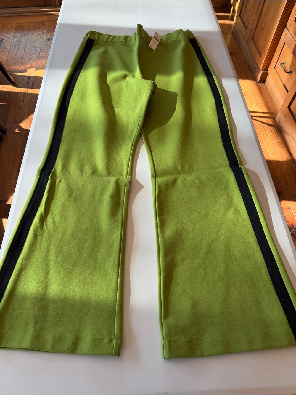 Anthropologie Lime Green Flare Pants with Black Side Stripe